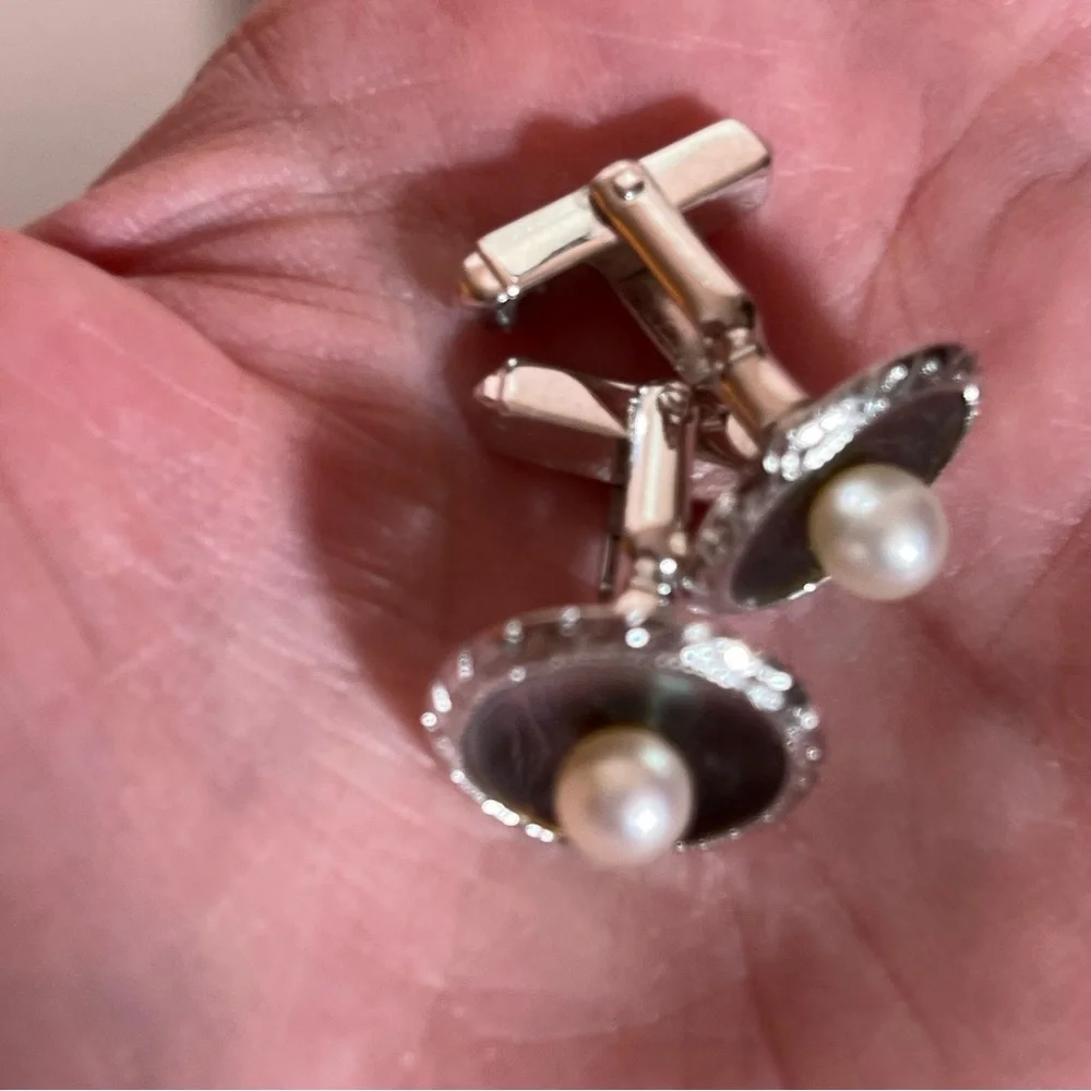 Antique Vintage Sterling silver MOP Real Pearl Round MCM Mod Art Deco Cufflinks